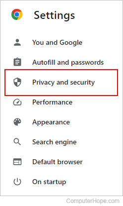 Privacy and security selector on Chrome.
