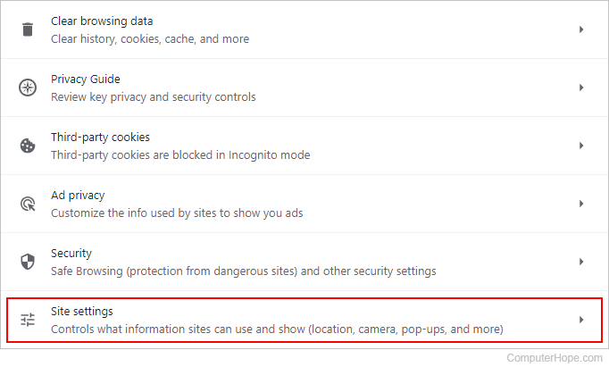 Site settings selector in Chrome.
