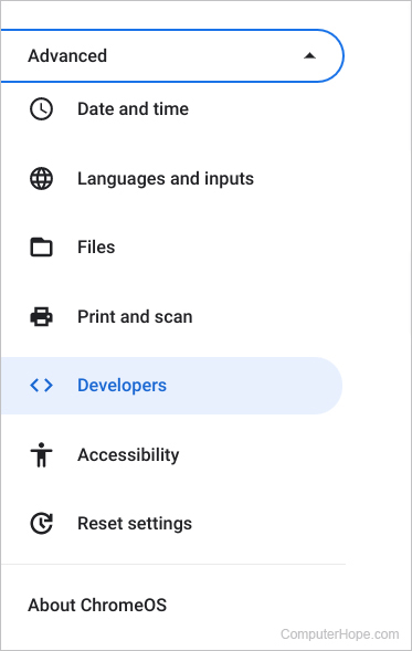 Developers selector in Advanced settings on a Chromebook.