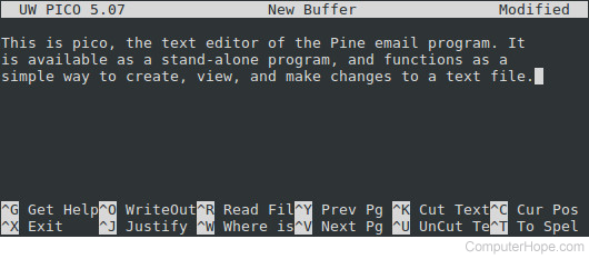 The pico text editor, running on Linux