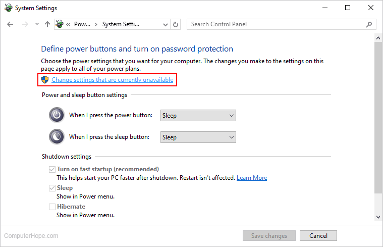 Change settings that are currently unavailable link in Windows Control Panel.