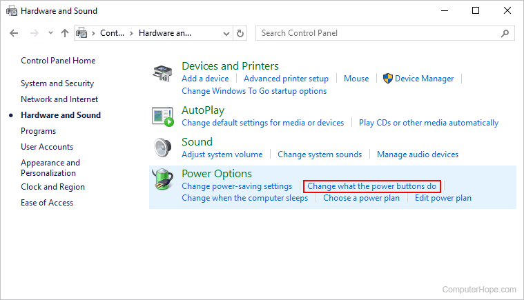 Change what the power buttons do link in Windows Control Panel.
