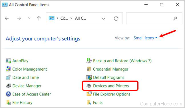 View devices and printers selector in Control Panel icons view.
