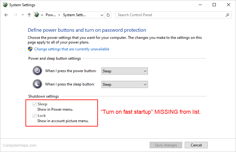Turn on fast startup setting missing from Control Panel Power Options.