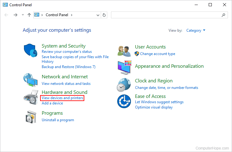 View devices and printers link in Windows.