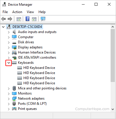 Expanding the keyboard section in Device Manager.