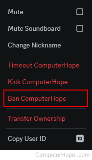 Banning a user in Discord.