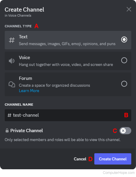 Create Channel options on Discord.