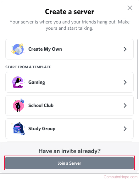 Join a Server button on Discord.