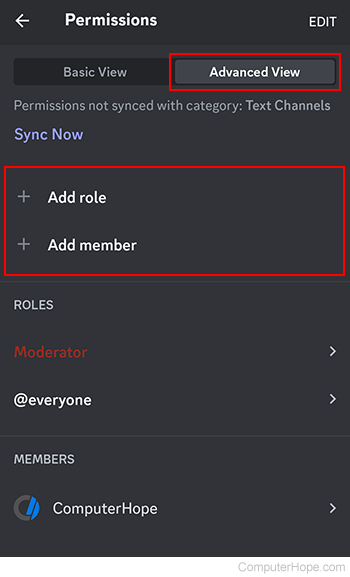 Adding a role or member to a Discord channel.
