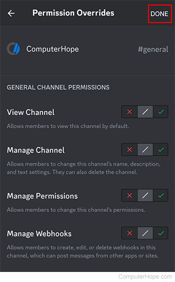 Finalizing a role or member add to a channel on Discord mobile.