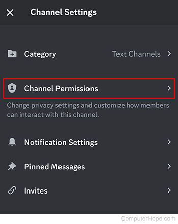 Channel Permissions selector on Discord mobile.