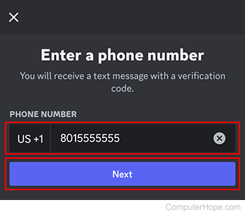 Entering a phone number on Discord mobile.