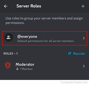 Default permissions selector on Discord mobile.