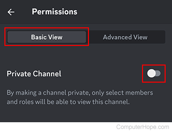 Private Channel toggle on Discord mobile.