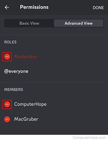 Removing channel members and roles on Discord mobile.