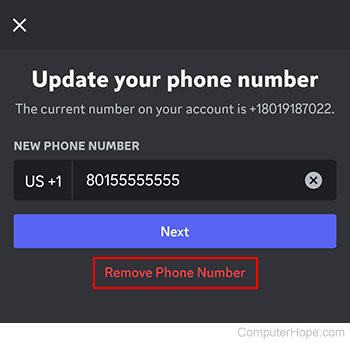 Removing a phone number from Discord.