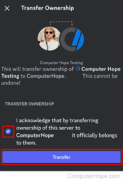Final transfer of server ownership on Discord app.
