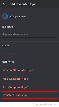 Transfer Ownership selector on Discord app.