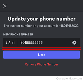 Updating a phone number on Discord mobile.