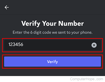 Verifying a phone number on Discord mobile.