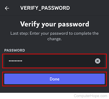 Verifying a password on Discord mobile.