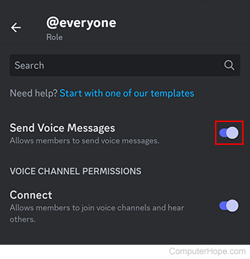 Send Voice Messages toggle switch on Discord mobile.