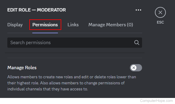 Permissions selector on Discord.