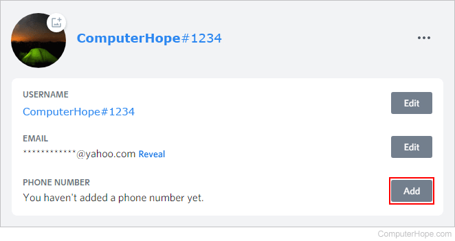 Edit phone number button on Discord.