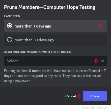 Pruning members from a Discord server.