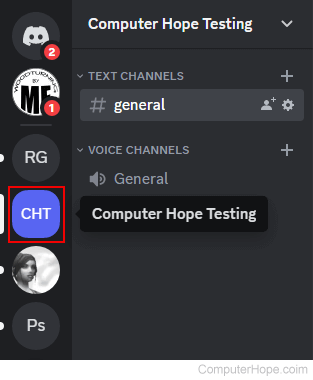 Selecting a server in Discord.