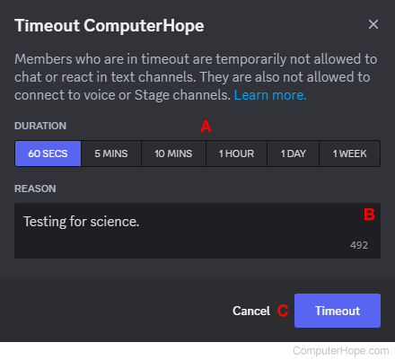 Timeout options in Discord.