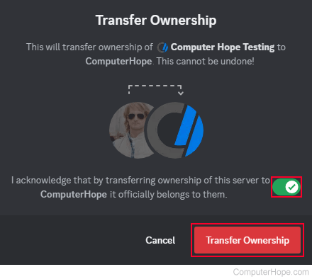 Confirming ownership transfer on Discord.