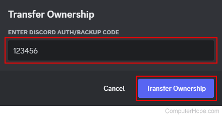 Verification code for server ownership transfer.