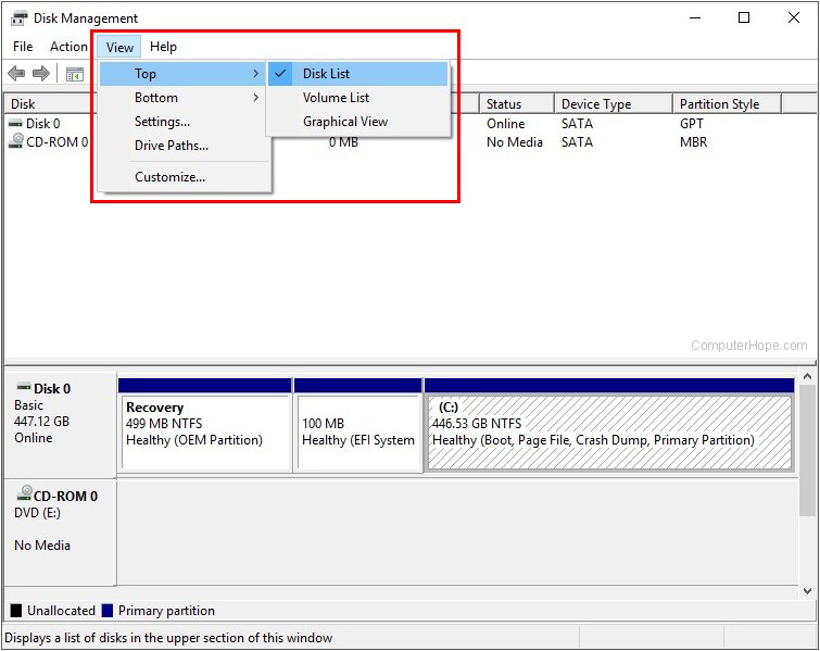 Disk list menu in Windows, showing disk drives