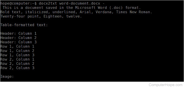 Docx2txt output, converting a .docx file to plain text