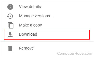 Download selection in a Google Drive drop-down menu.