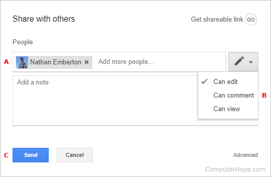 Prompt to fill in file sharing details in Google Drive.