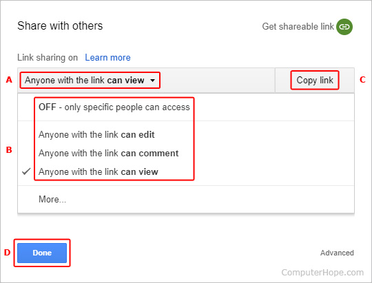 Options menu for shareable links in Google Drive.