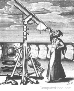 Illustration of a person using an early telescope