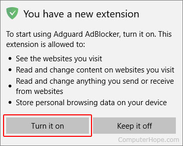 Button to turn on a newly added extension in Microsoft Edge.