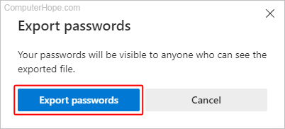 Confirmation for exporting passwords from Edge.
