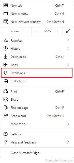Extensions selector in Edge.