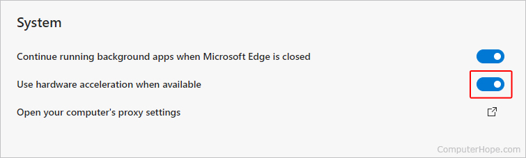 Toggling hardware acceleration in Microsoft Edge.