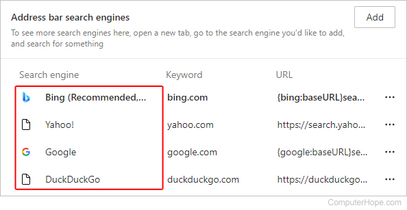List of search engines in Edge.