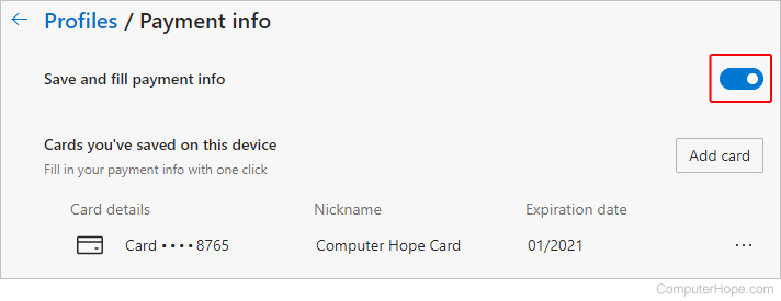 Payment info toggle switch in Edge.
