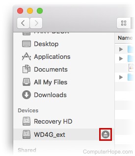 Using the macOS finder to locate an external hard drive.