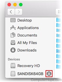 In the macOS finder, locate your USB flash drive on the left under Devices, and click the eject icon next to its name.