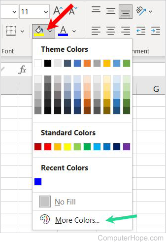 Microsoft Excel cell background color options