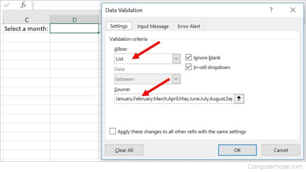 Create a drop-down list in Microsoft Excel by defining the list of values